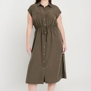 Old Navy-Olive Green Waist-Defined Utility Midi Shirt Dress - Size M